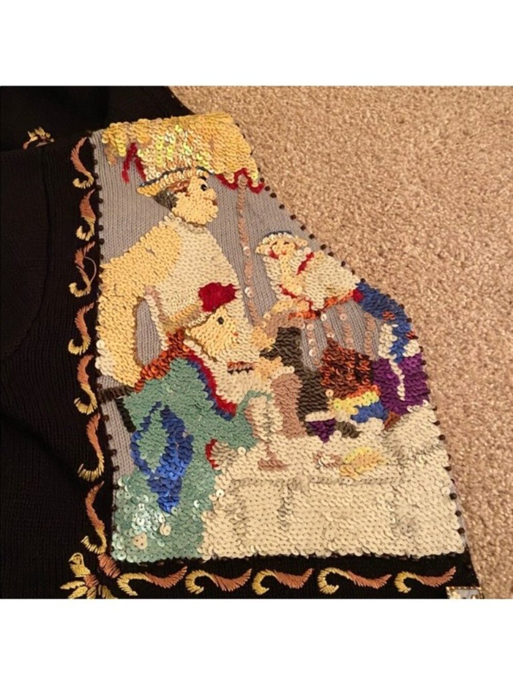 Storybook Knits Art Cardigan Sweater XS Renoir Boating Party Beaded Sequin - Picture 2 of 8